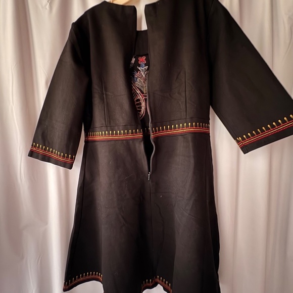 Lai Meng Five Cats Black Embroidered Flare Dress Zip Round Neck 3/4 Sleeve Large - Picture 3 of 11